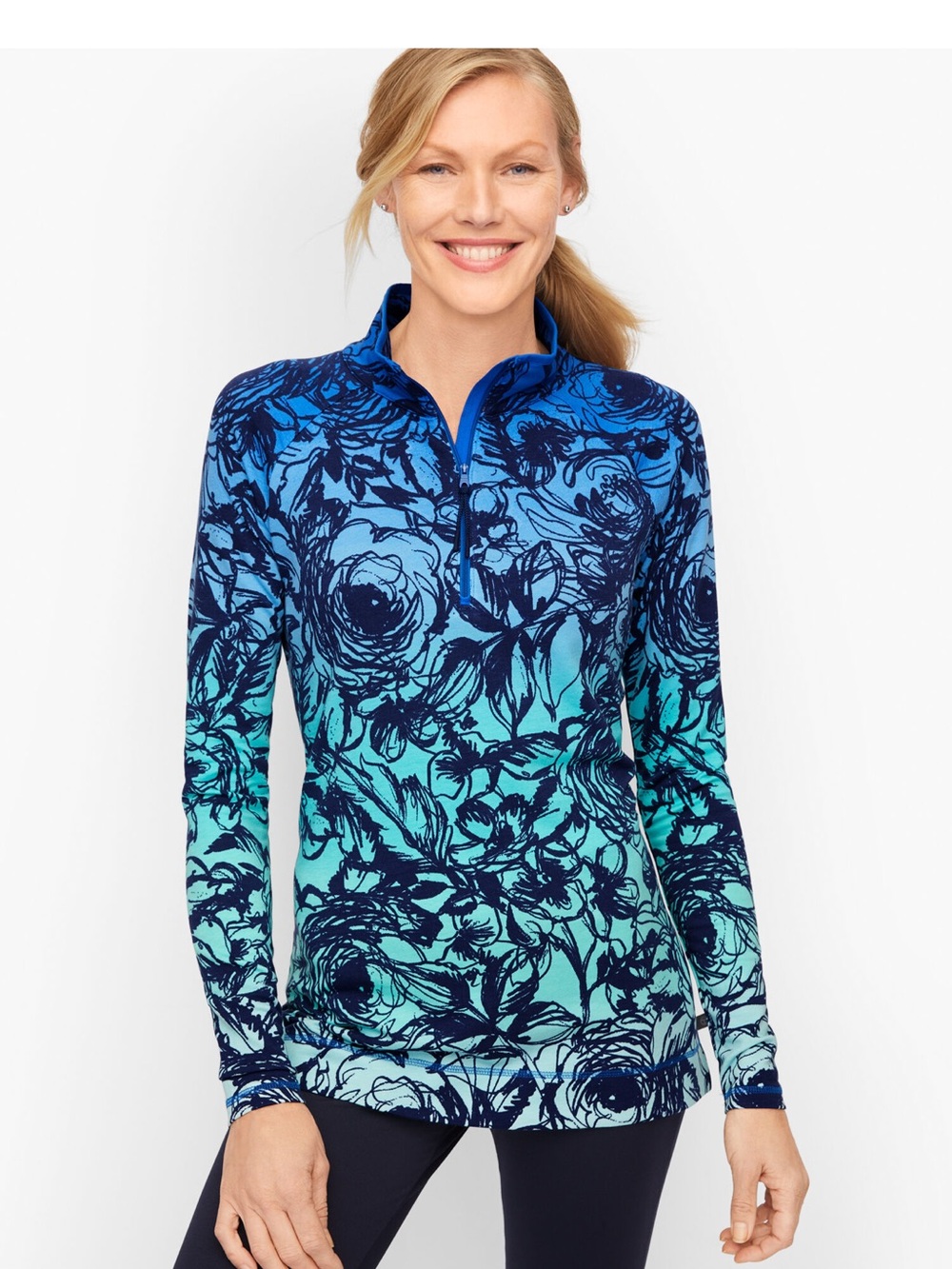 Talbots Blue and Teal Floral Half-Zip Pullover